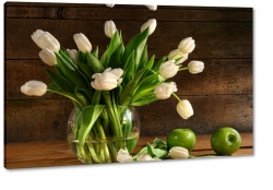 tulipany, biae, wazon, jabko,kompozycja, bukiet, ziele, natura, do kuchni