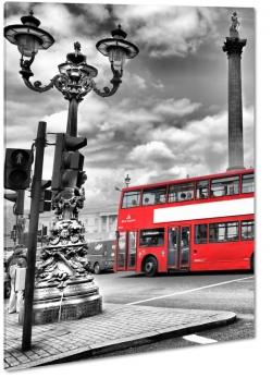 autobus, czerwony, pitrowy, londyn, anglia, podr, kolumna nelsona, pomnik, statua, skrzyowanie, street, szare to, ulica, b&w