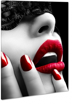 kobieta, czerwone usta, paznokcie, zmysowa, opaska, czarny, b&w, sztuka, fotografia, przekaz