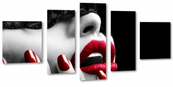 kobieta, czerwone usta, szminka, paznokcie, zmysowa, opaska, czarny, b&w, sztuka, fotografia, przekaz